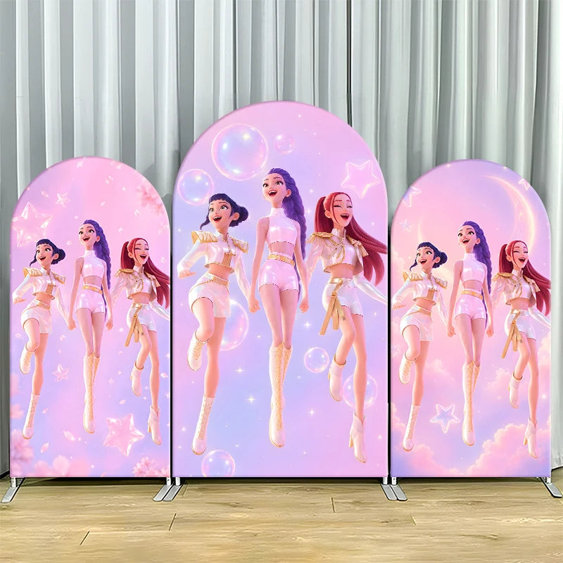 Kpop Demon Hunters Arch Backdrop Cover, Pink Starry Sky Arched Banner for Girls Birthday Party, Custom Spandex Photo Background