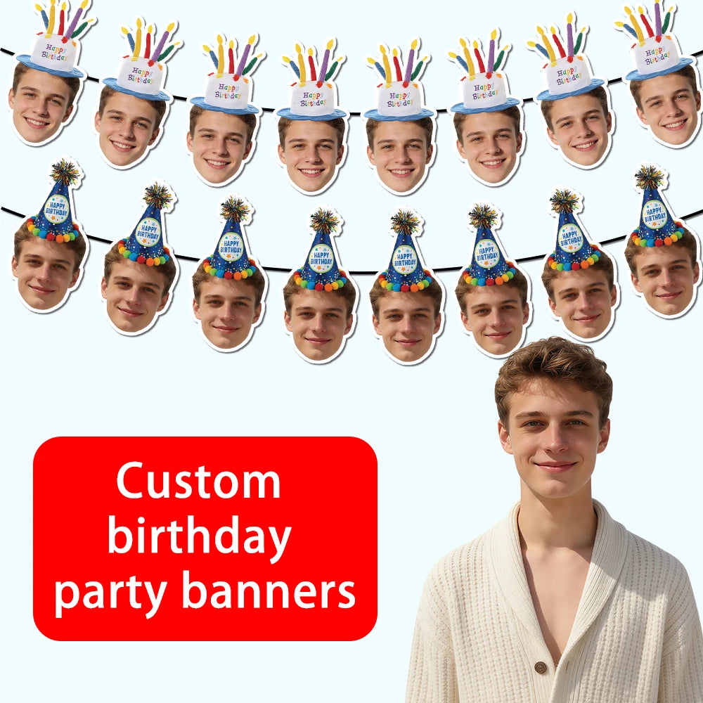 Custom Birthday Photo Banner Personalized Birthday Hat Pattern Bunting Banner for Happy Birthday Party Favors Birthday Banner