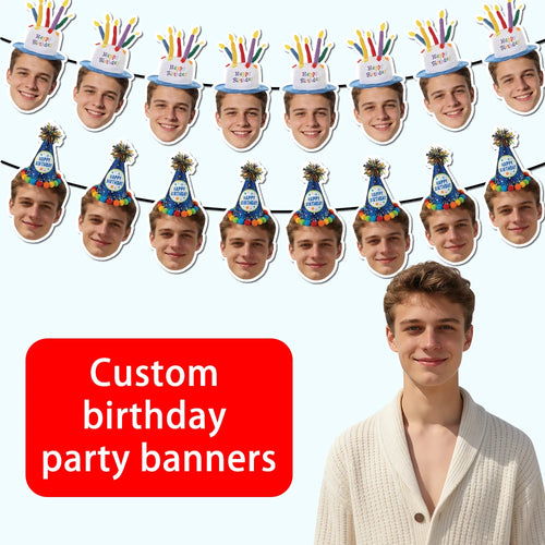 Custom Birthday Photo Banner Personalized Birthday Hat Pattern Bunting Banner for Happy Birthday Party Favors Birthday Banner
