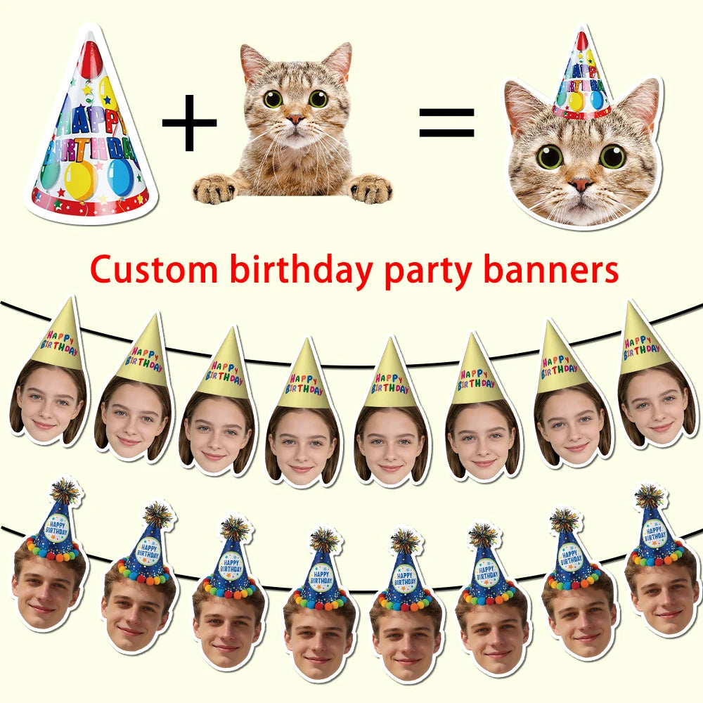 Custom Birthday Photo Banner Personalized Birthday Hat Pattern Bunting Banner for Happy Birthday Party Favors Birthday Banner