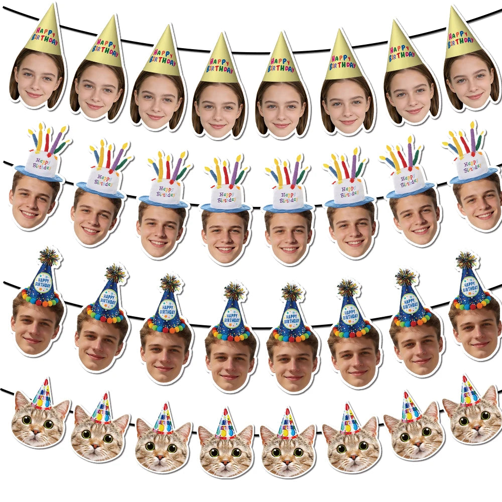 Custom Birthday Photo Banner Personalized Birthday Hat Pattern Bunting Banner for Happy Birthday Party Favors Birthday Banner